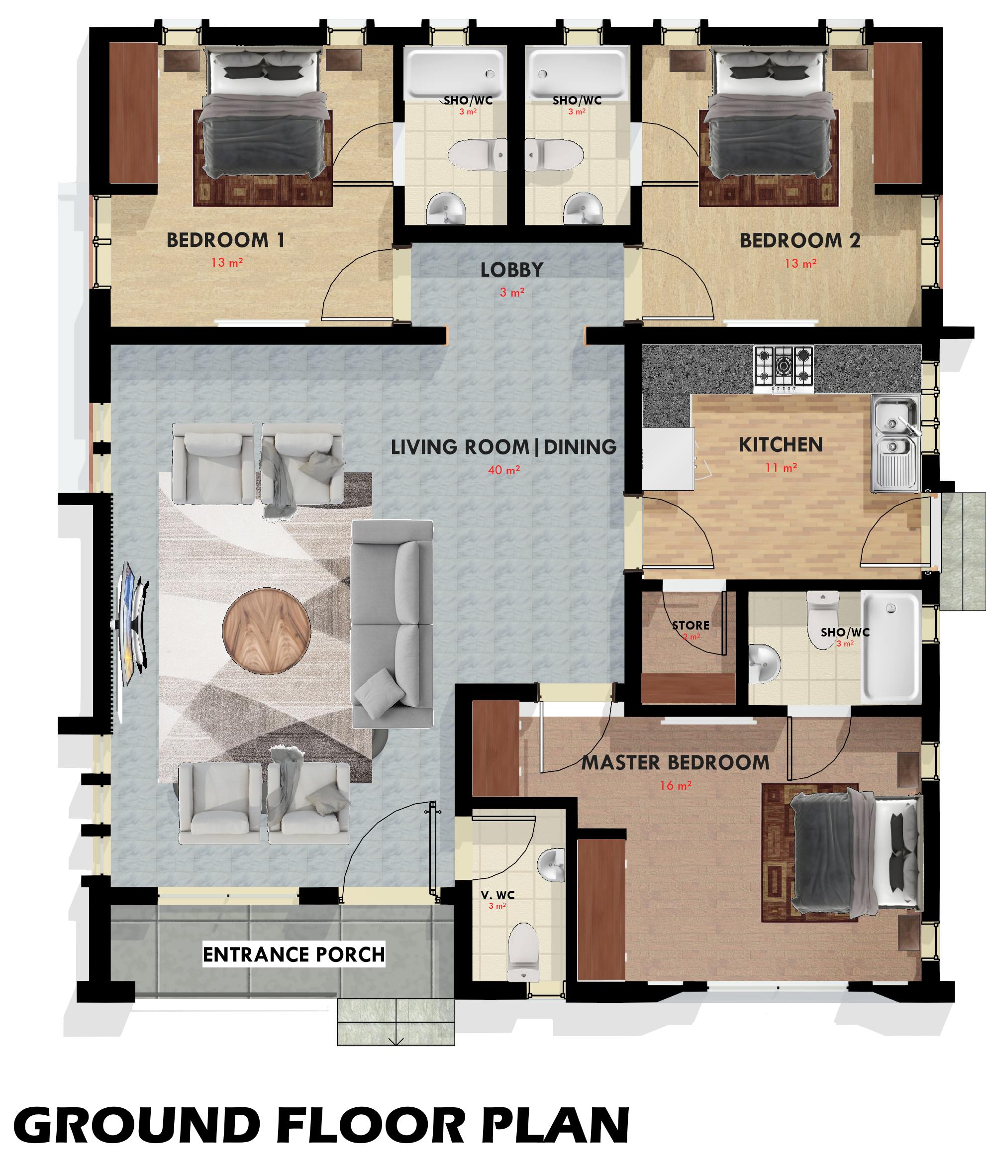 3 BEDROOM BUNGALOW - PRESENTATION FLOOR PLAN - TYPE 1